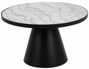 Soli rundt sofabord med top af hvid marmor og sokkel i sort metal
