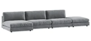 Stor open-end sofa med chaiselong og lysegråt velourbetræk