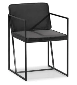 Minimalistisk spisebordsstol med sæde og ryg i grå velour og armlæn af metal