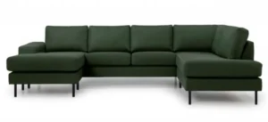 Stor U-formet sofa med chaiselong og grønt polyesterbetræk