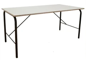 Monograph skrivebord med top af off hvid linoleum og ben af sort metal